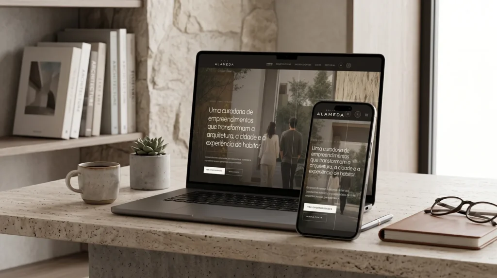 Site do Pátio Alameda exibido em notebook e celular