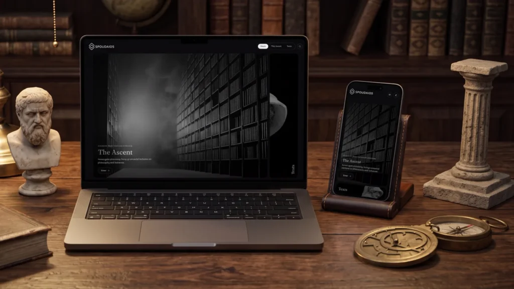 Site do Spoudaios exibido em notebook e celular