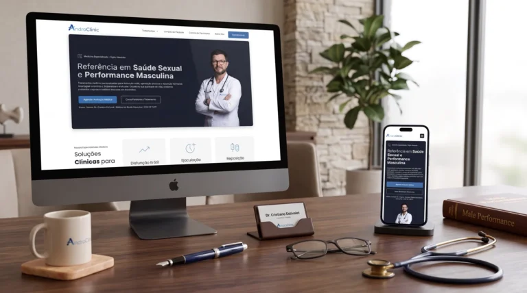 Site da AndroClinic exibido em monitor e celular