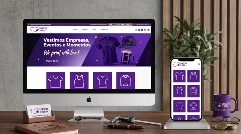 Site da Camisetas 12 Horas exibido em monitor e celular